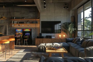 Modern loft style room with lots of toys like video games. - obrazy, fototapety, plakaty
