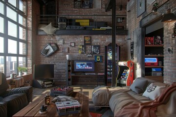 Modern loft style room with lots of toys like video games.