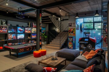 Obraz na płótnie Canvas Modern loft style room with lots of toys like video games.