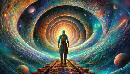 Time traveling voyager enjoys psychedelic and breathtaking view of the colorful and infinite quantum realm. - obrazy, fototapety, plakaty