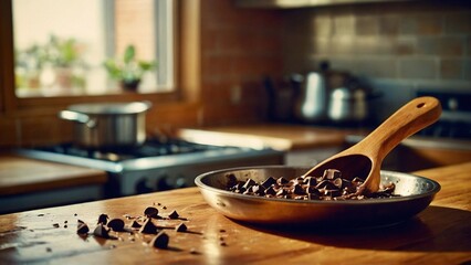 A bubbling pot of melted chocolate chips with a wooden spoon resting on the rim. Food photography. Delicious chocolate chip. - obrazy, fototapety, plakaty