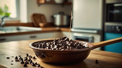  Food photography. Delicious chocolate chip. A bubbling pot of melted chocolate chips with a wooden...