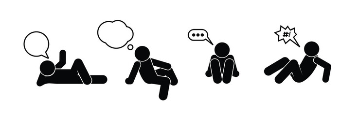 man speaking icon, sitting and lying people, isolated stickman silhouettes