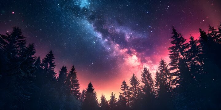 Mesmerizing Night Scene: Enchanting Forest with Northern Lights and Starry Sky. Concept Nature Photography, Nighttime Landscapes, Starry Skies, Aurora Borealis, Enchanting Forests