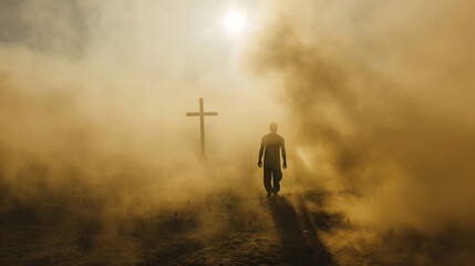 Silhouette of a man in the desert with a cross in the smoke and dust under the sun.  - obrazy, fototapety, plakaty