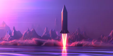 Fotobehang A sleek, futuristic rocket taking off amidst a striking alien landscape with a powerful pinkish glow from its engines. Otherworldly atmosphere. Gen AI © Abee