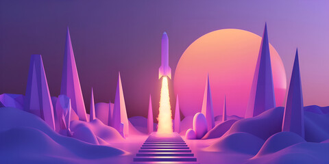 Sci-fi scene, a rocket with a purple and white color scheme is in the midst of a powerful launch, intense white and pink flames propelling it from a platform, digital art techniques. Gen AI - obrazy, fototapety, plakaty