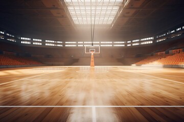 Empty basketball court with lights and spotlights in the night. Sport background - obrazy, fototapety, plakaty
