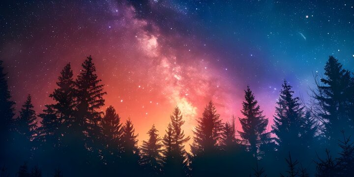 Enchanting Night Forest Scene with Vibrant Northern Lights and Starry Sky. Concept Night Photography, Enchanting Forest, Northern Lights, Starry Sky, Vibrant Colors