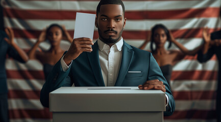 Voting in the United States, choosing a president, black people and a man in a business jacket...