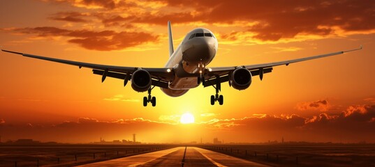 Large passenger jet taking off from airport runway at sunset with landing gear down - obrazy, fototapety, plakaty