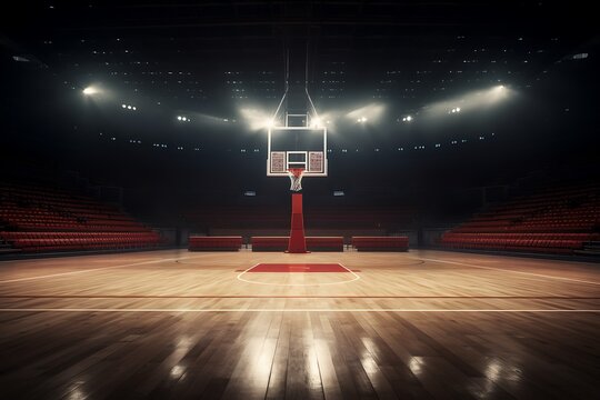 Empty basketball court with lights and spotlights in the night. Sport background