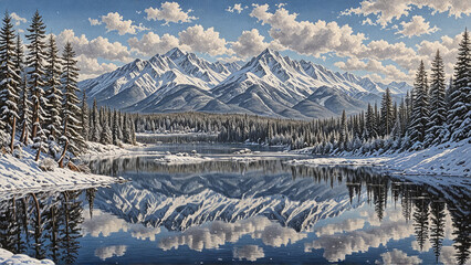 Wonderful winter, clear mountains, detailed lake reflection, clear skyes