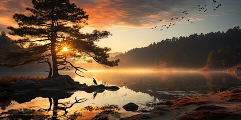 Morning Mist Memoirs - A Photographic Chronicle of Dawn's Grace Chronicle the grace of dawn with Morning Mist Memoirs. Capture the ethereal mist, the soft morning light, - obrazy, fototapety, plakaty