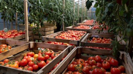 Fototapeta na wymiar Lush Greenhouse Filled with Ripe Tomato Crates Generative AI