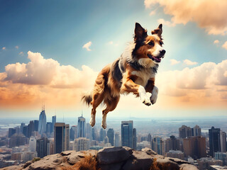 A cute collie dog jumping high in the air within a big cityscape