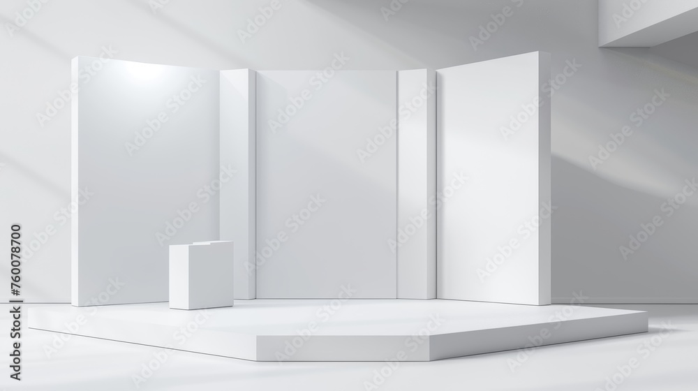 Wall mural An isolated set of a 3D promotional event stand booth with a white wall. The exhibit room has a perspective front and side view. It is a blank showroom with a podium for a kiosk or fair area.