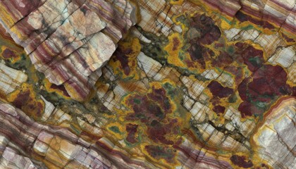 A high-resolution image capturing the intricate, colorful patterns created by the natural weathering process on rock formations.