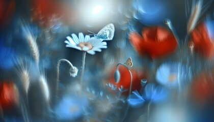 Obraz na płótnie Canvas An ethereal capture of a butterfly resting on a white daisy, surrounded by a blur of blue tones and red poppies in a whimsical meadow scene.