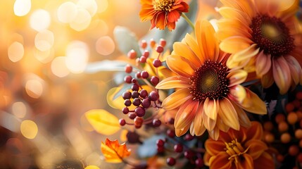 Vibrant autumn flowers and berries in warm sunlight. perfect for seasonal designs and backgrounds. natural beauty captured. AI