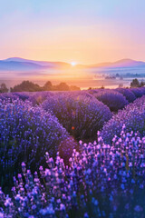 Fototapeta premium Lavender field over summer sunrise landscape. Generative AI