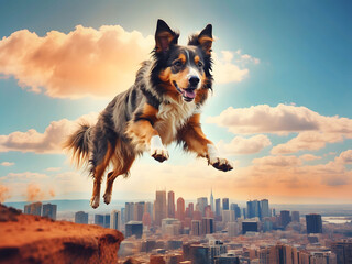 A cute happy smiling collie dog running and jumping high in the air against the backdrop of a big city view