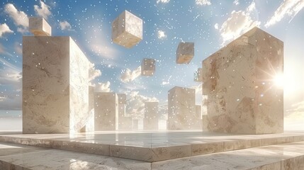  a group of cubes floating in the air on top of a stone platform in front of a blue sky.