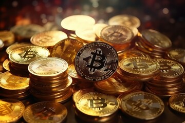 Crypto currency Bitcoin BTC Bitcoin golden coins on a chart, Blockchain technology, bitcoin mining concept