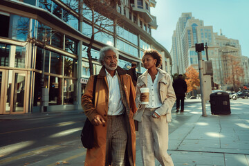 An elegantly dressed older man with grey hair and a younger woman holding a coffee cup walk and converse on a sunny city street, with modern buildings and autumn trees in the background. - obrazy, fototapety, plakaty