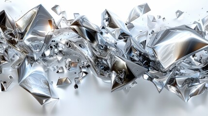  a bunch of metallic objects that are flying through the air on a white background with a light reflection on the bottom of the image.