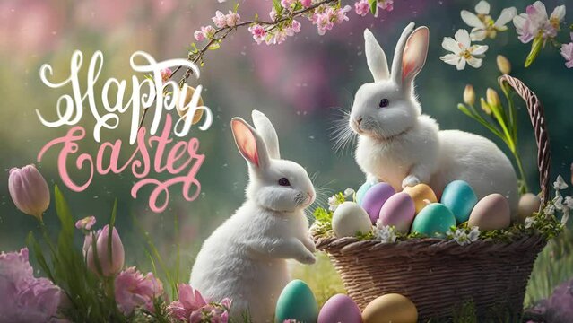 Happy Easter basket with easter bunny and colorful eggs, animation, cute easter 4k video on a pink background