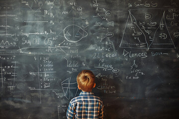 A schoolboy stands with his back to the blackboard and does his homework.