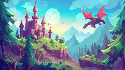 Cartoon fantasy illustration featuring a black spooky castle and flying dragon in a canyon surrounded by mountains and pine trees. Modern illustration with castle towers, creepy beast with wings,