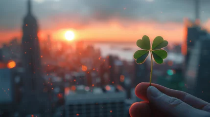 Deurstickers A close-up illustration of a hand holding a four-leaf clover, which is associated with good luck, and in the background a panorama of a beautiful city on the river © Zoran