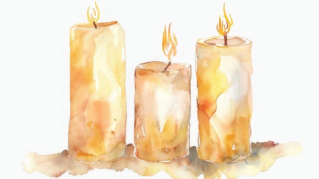 Three Watercolor Candles: Taller Candles on Sides and Shorter One in Center Generative AI