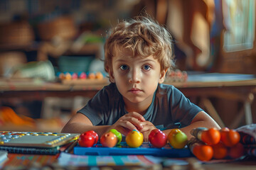 Fototapeta premium A curly-haired schoolboy sits at his desk and learns the multiplication table.