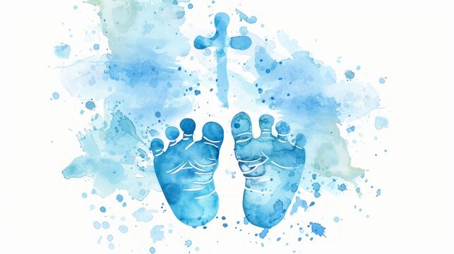 Soft Blue Babys Footprints Watercolor with Delicate Cross Generative AI