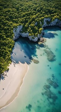 White beach and blue clear sea, green island aerial view, natural background