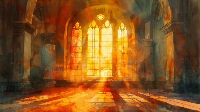Soft Yellow and Orange Light Streaming Through Church Window Generative AI