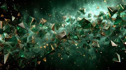  a large number of green and gold objects flying in the air over a dark green background with gold confetti.