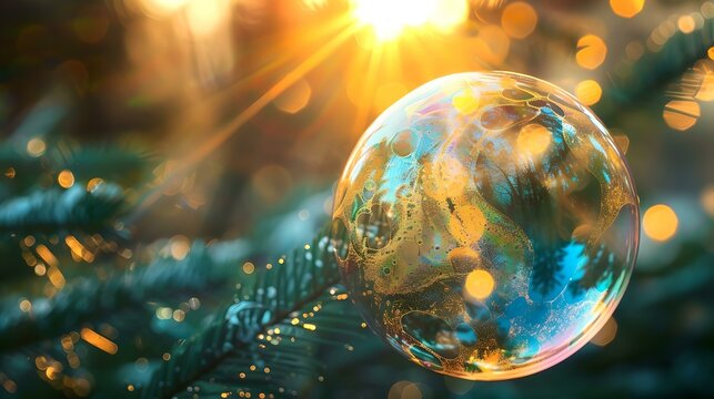 Luminous single bubble on a sunlit background, symbolizing fragility and beauty against a natural backdrop. serene, soothing photograph perfect for design work. AI