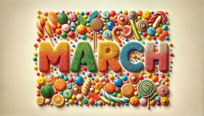Assortment of vibrant candies and confections beautifully arranged to spell out the text March