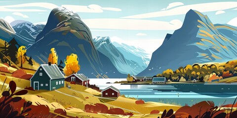 norwegian landscape with lake and mountains and cottages - obrazy, fototapety, plakaty