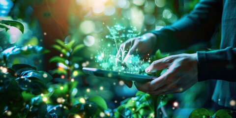 Discover the fusion of technology and nature with this enchanting image, portraying a magical light display sprouting from a smartphone amidst verdant foliage. Tech Meets Nature. - obrazy, fototapety, plakaty