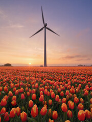 A field of tulips during sunset. A wind generator in a field in the Netherlands. Green energy production. Landscape with flowers during sunset. Photo for wallpaper and background. - 760081743