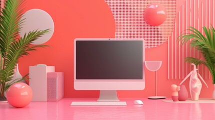 A creatively organized workspace featuring a white computer, matching accessories, and pink decorative elements against a textured background