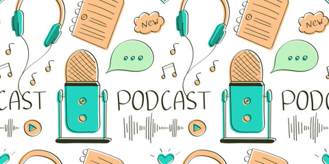 Podcast seamless pattern microphone, recording. Dialogues, news. Listen to the broadcast using wired headphones. Plan in notebook. Notes, conversations. Color outline image. Vector illustration.