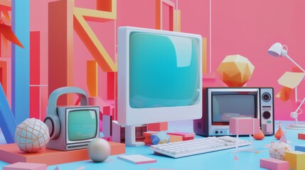 A nostalgic workspace design filled with retro technology and vibrant decor elements in a playful arrangement