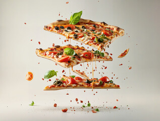 A delicious pizza with various toppings such as bacon, tomatoes, and basil leaves, falling from the sky.