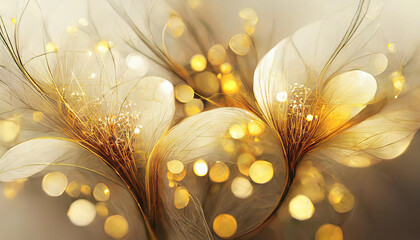 Large flowers with white petals decorated with golden filaments on a brown and beige background. Elegant, shimmering digital image, bokeh effect.